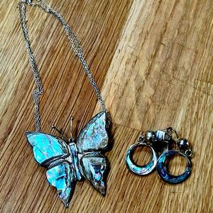 Vintage Mexico Sterling Silver Abalone Shell Butterfly Brooch Pin & Earrings Set